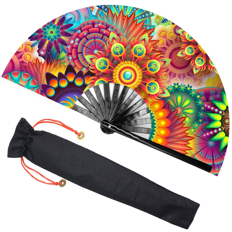 Zolee Large Rave Folding Hand Fan with Bamboo Ribs for Men/Women - Chinese Japanese Handheld Fan with Fabric Case - for Dance Music Festival Party, Performance, Decorations, Gift (Sun Flower) - Image 1